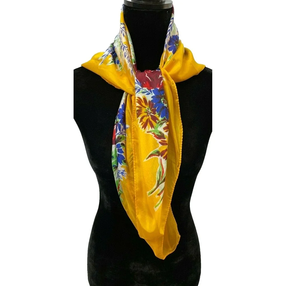 Pure‎ Silk Womens Square Scarf Hand Rolled Gold Hand Screen Printed Floral Silk